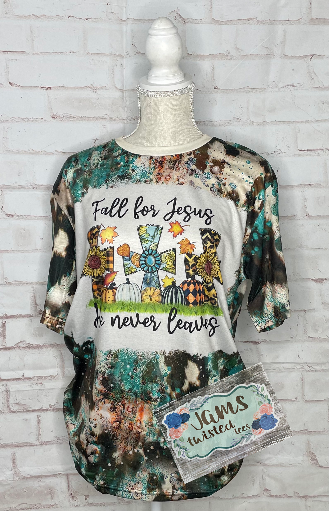 Fall for Jesus Polyester T-Shirt - Turquoise Leopard Rectangle