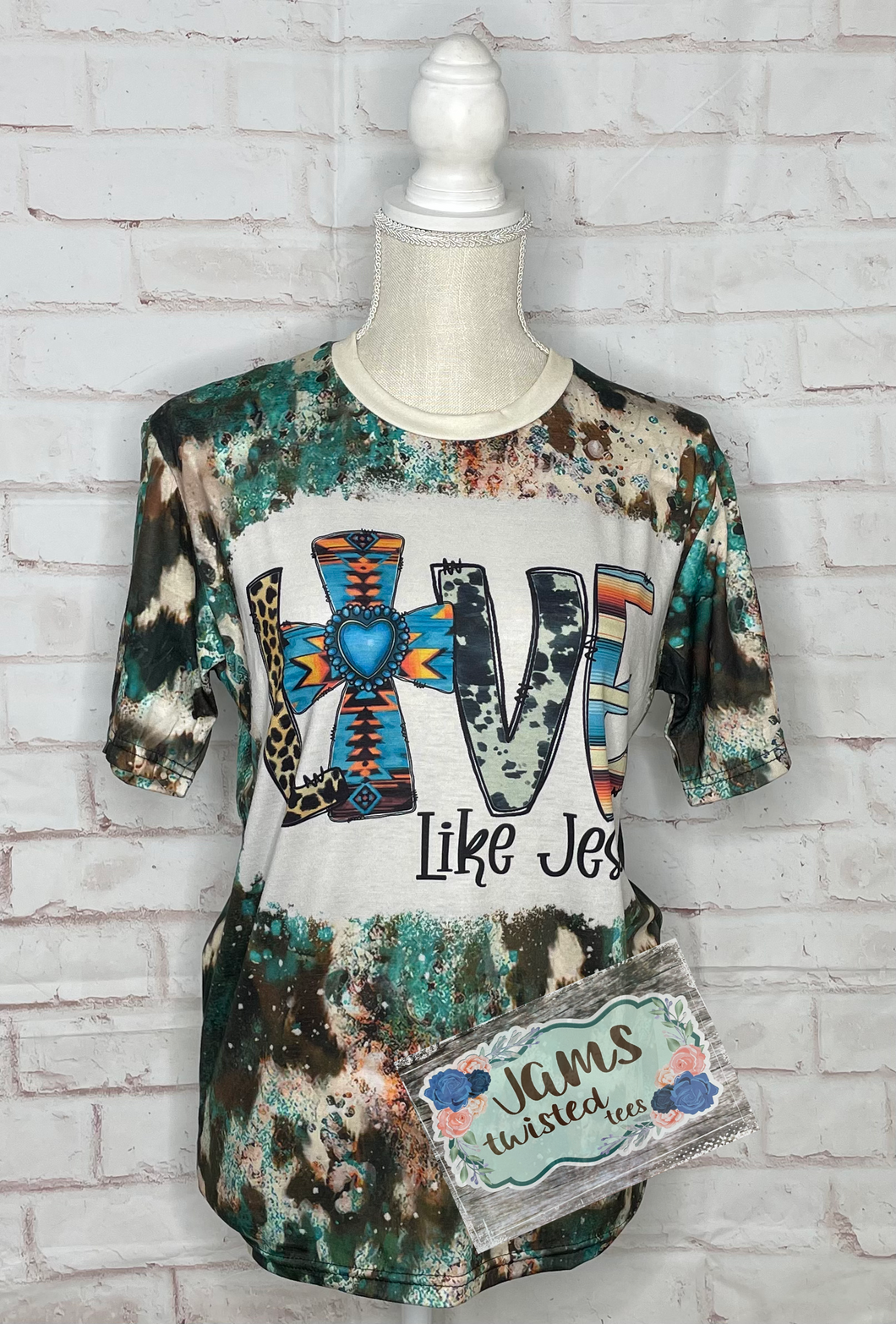 Love Like Jesus Polyester T-Shirt - Turquoise Leopard Rectangle