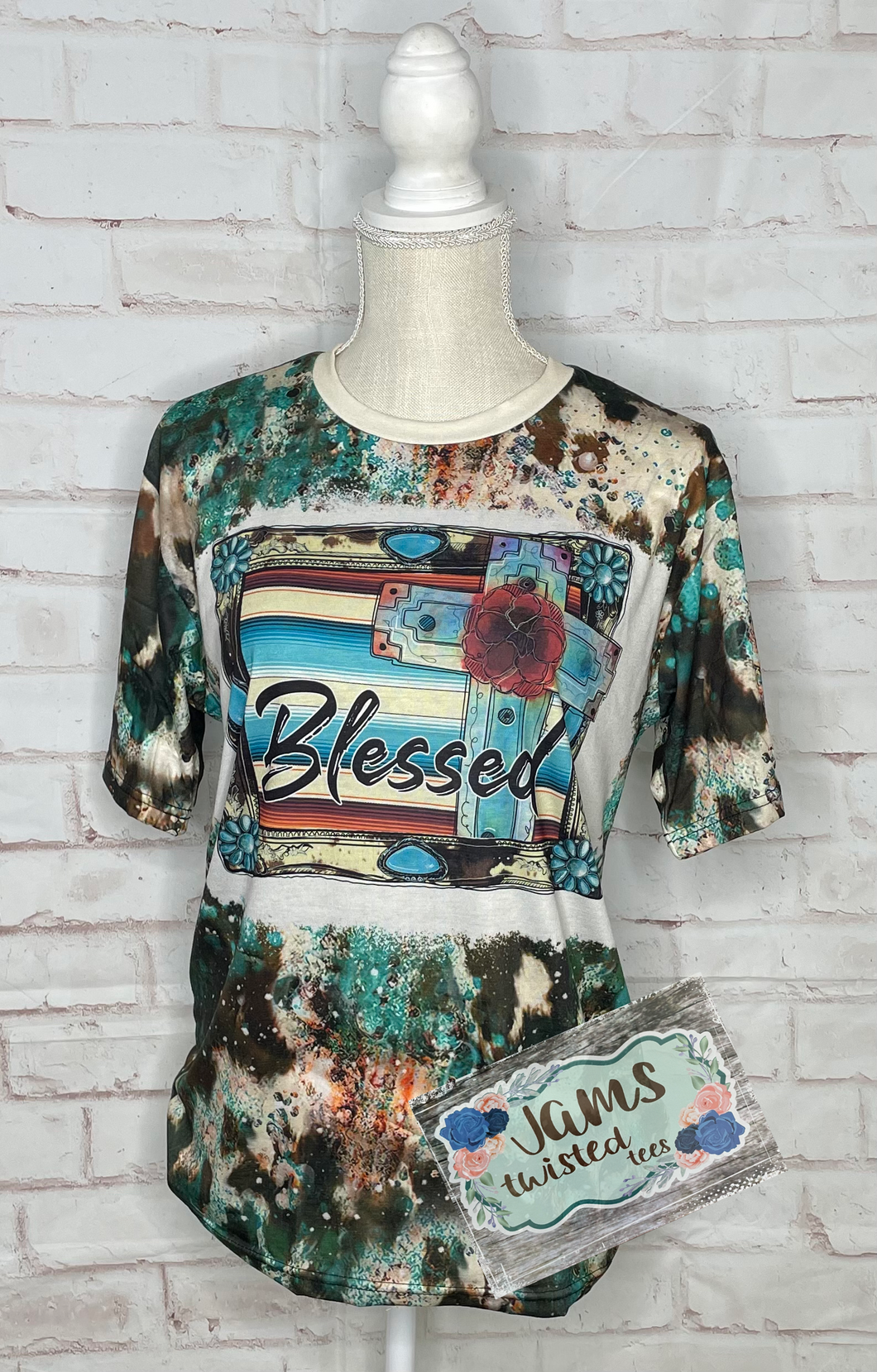 Blessed Polyester Bleach T-Shirt - Turquoise Leopard Rectangle